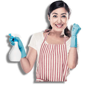 a happy cleaner holding sprayer wearing blue gloves